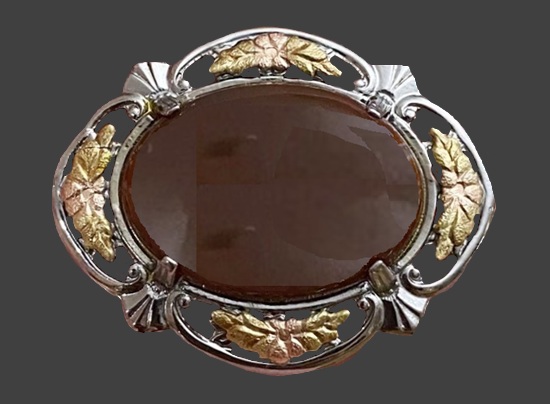 Agate sterling silver 12 K gold brooch