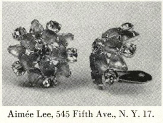 Amethyst or topaz color ear clips, Vogue October 1954