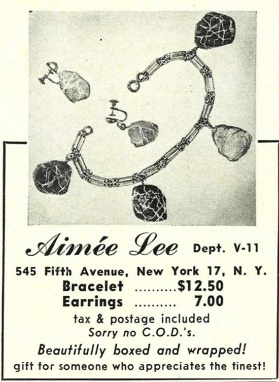 Nuggets of genuine amethyst, aquamarine, topaz and rose quartz charms, Vogue 1954 ad
