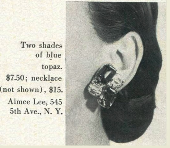 Two shades of blue topaz ear clips, Vogue October 1954