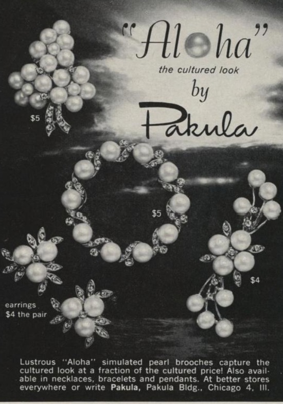 Aloha simulated pearl brooches, Vogue April 1963