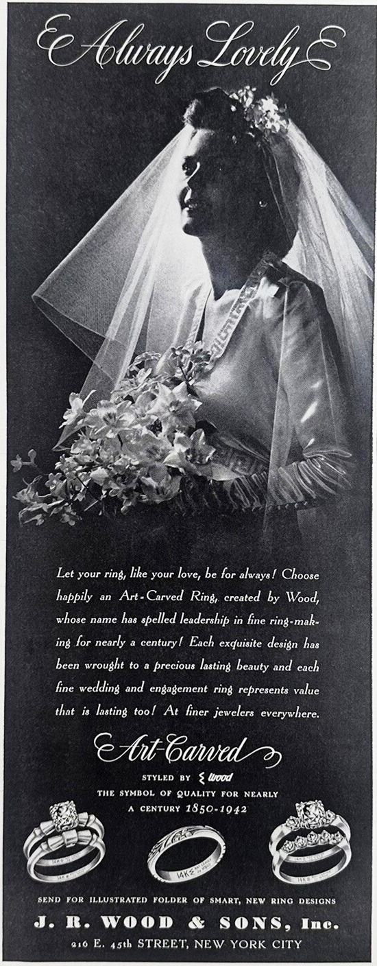 Always Lovely Art-carved wedding rings, 1942 ad