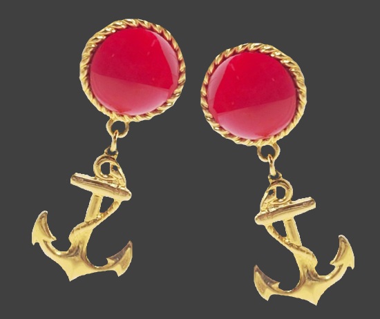 Anchor charm red glass gold tone earrings