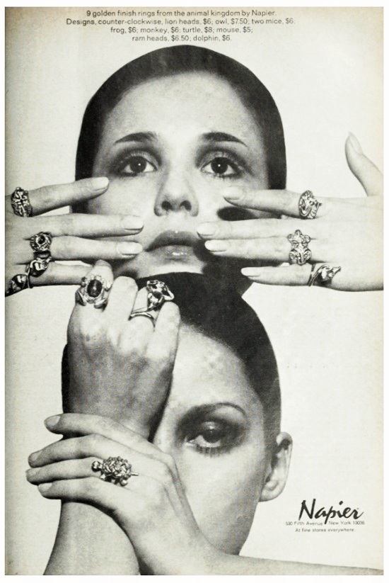 Animal Kingdom 9 K gold rings - owl, mice, frog, monkey, turtle, mouse, ram, dolphin. Mademoiselle September 1969
