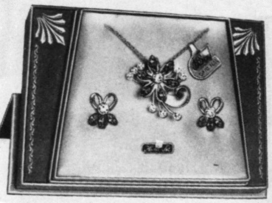 Anthony An authentic interpretation of modern French designing, gold-plated set with Austrian stones in assorted colors, $5.95. June 1952