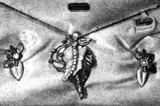 Anthony Creations Leaf motif necklace and matching earrings with rhinestones, June 1953