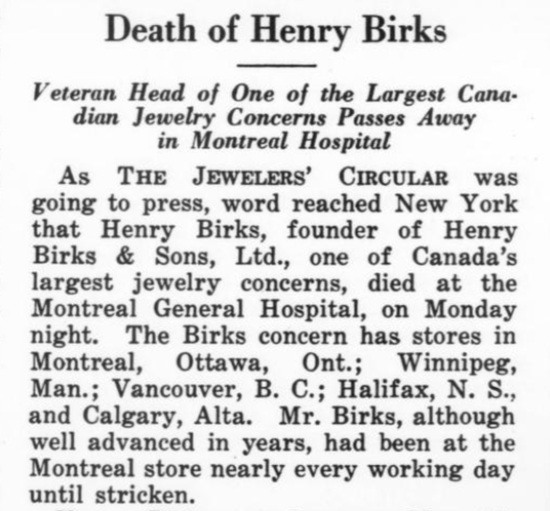 April 1928, Obituary for Henry Birks