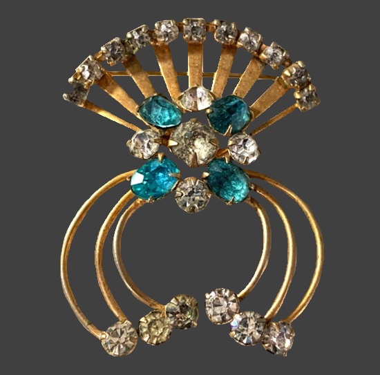 Aqua blue and clear rhinestone gold filled brooch pendant, 1950s