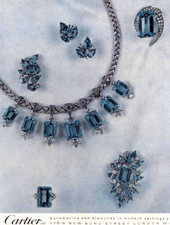 Aquamarine and diamonds jewelry set, Tatler 1964 ad