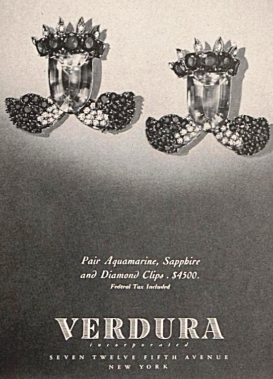 Aquamarine, sapphire and diamond clips, Vogue March 1946