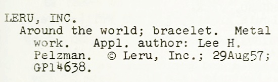 Around the world bracelet, author Lee H. Pelzman, Leru, Inc, 29 August 1957