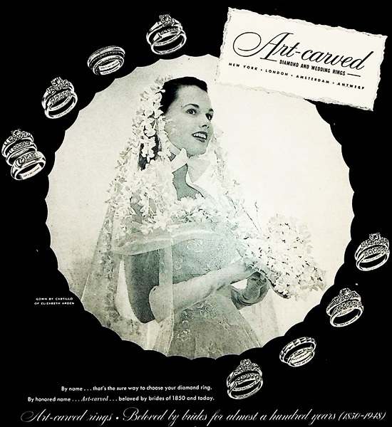 Art-carved diamond and wedding rings, 1948 ad