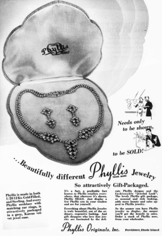 Attractively packaged Phyllis Original Jewelry, June 1951 ad