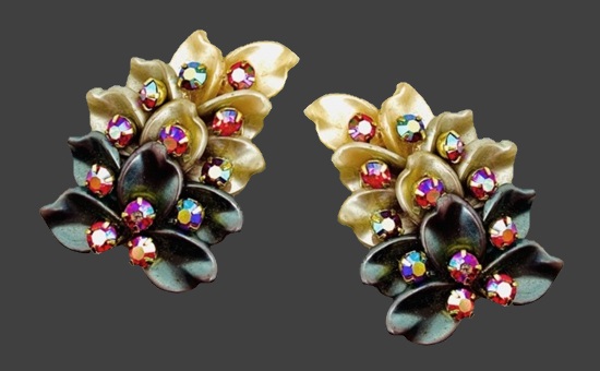 Aurora Borealis rhinestones moonglow thermoplastics clip-on earrings