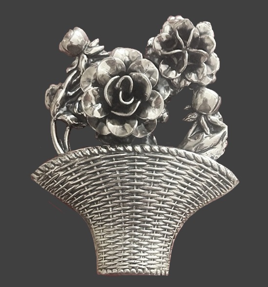 Basket with flowers sterling silver brooch