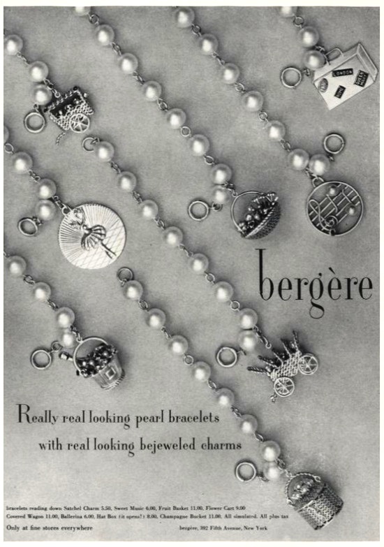 Bergere Pearl bracelets with bejeweled charms, Vogue February 1953 ad