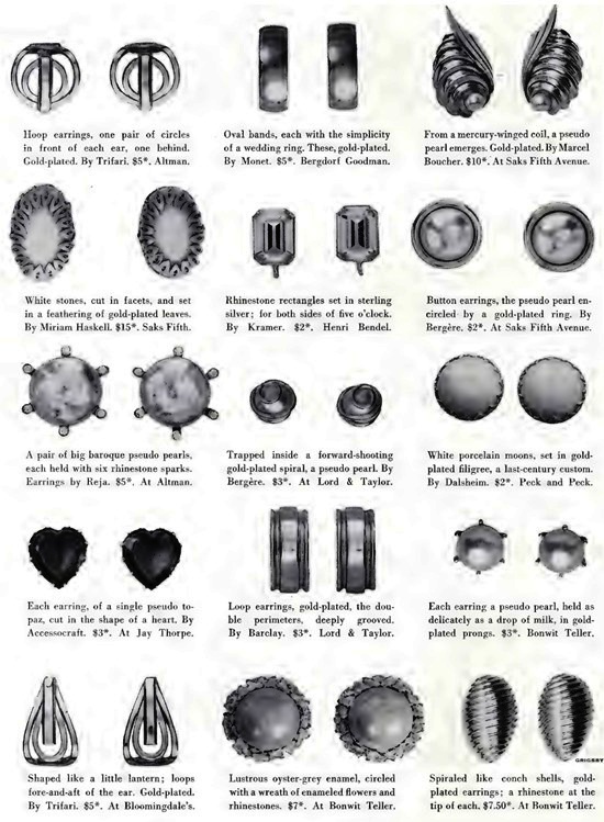 Bergere gold plated earrings, Vogue 1950s ad
