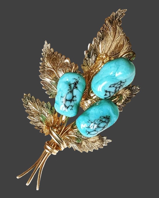 Berry branch gold plated, faux turquoise brooch