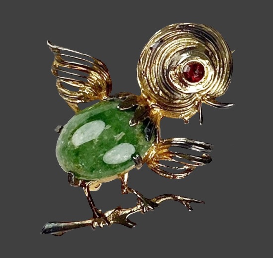 Bird gold tone jade opal rhinestone figural pin brooch