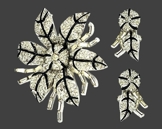 Black enamel pave rhinestone flower brooch pin and earrings