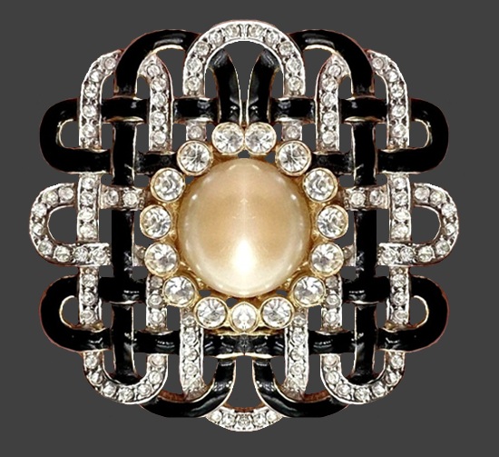Black enamel, silver tone, faux pearl, rhinestones brooch