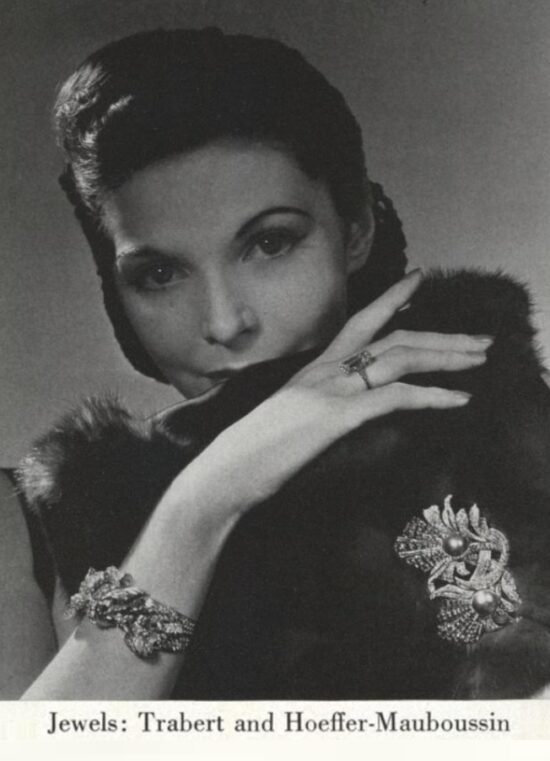 Black pearl and diamonds clip, bracelet of diamond orchids, Diamond ring by Trabert and Hoeffer-Mauboussin. October 1939