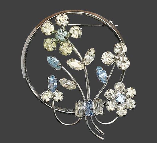 Blue and clear rhinestone flower bouquet brooch pin