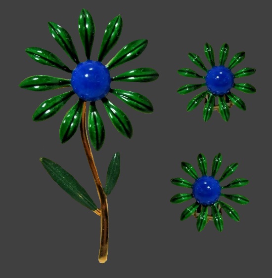 Blue and green enamel flower pin and earrings