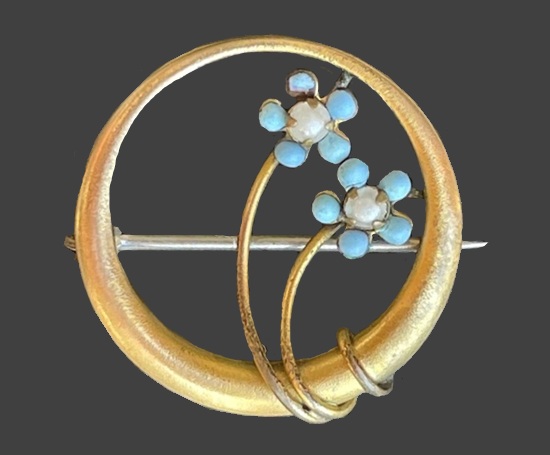 Blue flower pearl glass gold filled circle pin brooch