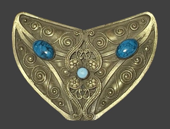 Blue glass antique gold tone brooch