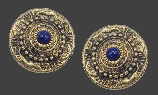 Blue glass ornate gold tone clip on earrings