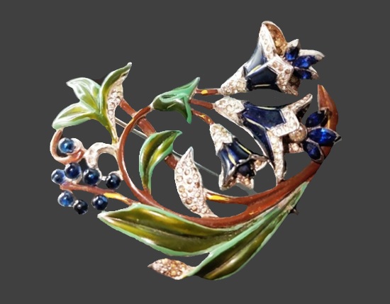 Bluebell flowers rhinestone pave enamel brooch