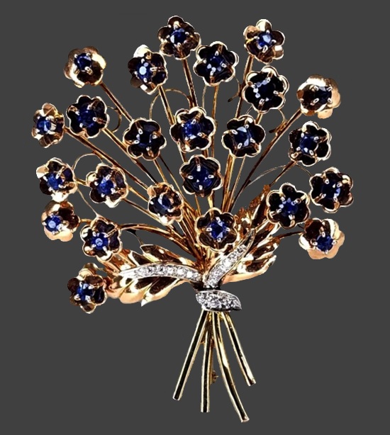 Bouquet of flowers 18 K gold sapphire diamond brooch