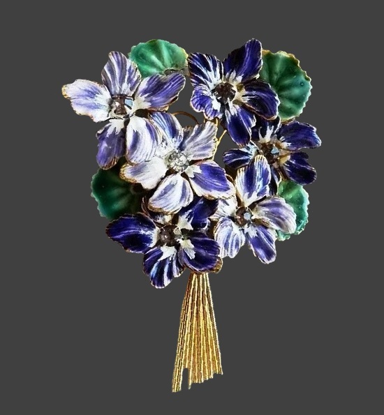 Bouquet of flowers enameled sterling silver rhinestones brooch pin