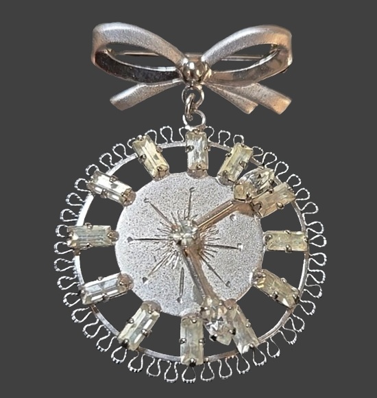 Bow dangle clock sterling silver baguette rhinestone brooch