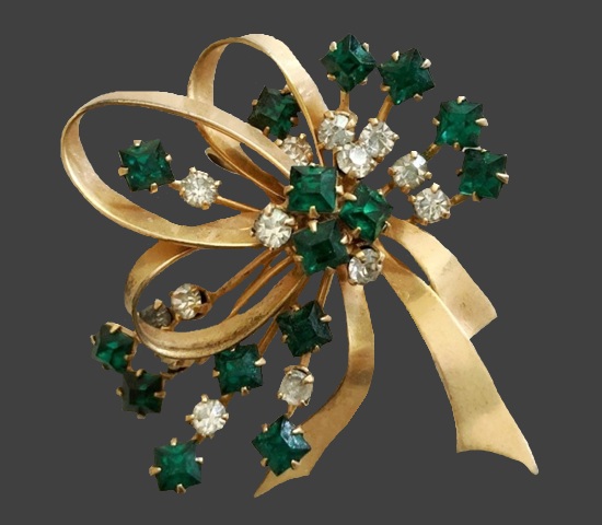 Bow flower spray 12 K gold over sterling rhinestones brooch pendant