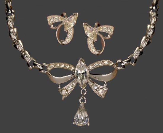 Bow sterling silver rhinestones necklace and screw back earrings