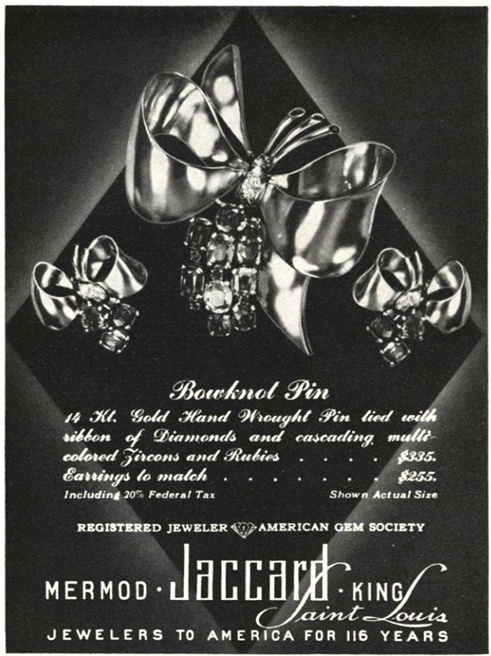 Bowknot 14 K gold zircons and rubies brooch and earrings, Vogue October 1945 ad