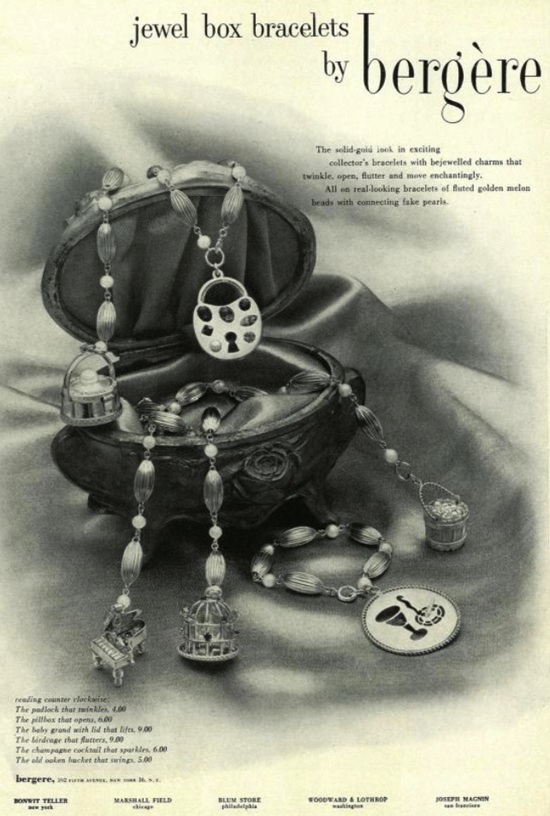 Bracelets by Bergere, Vogue October 1954 ad