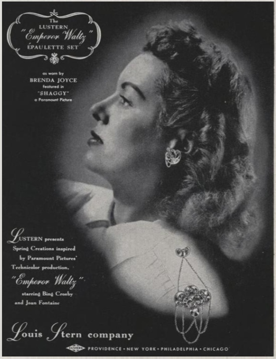 Brenda Joyce wearing Lustern spring jewelry, Vogue May 1948