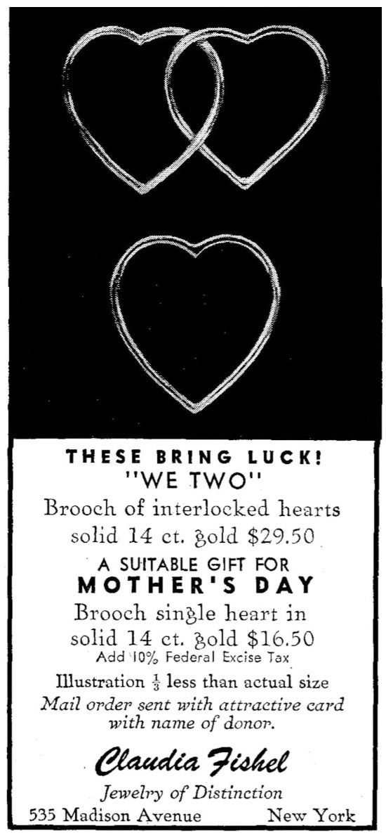 Brooch of interlocked hearts solid 14 ct gold, The New Yorker May 1943