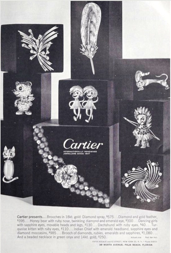 Brooches in 18 K gold, diamonds, turquoise, sapphires and rubies. February 1963 ad
