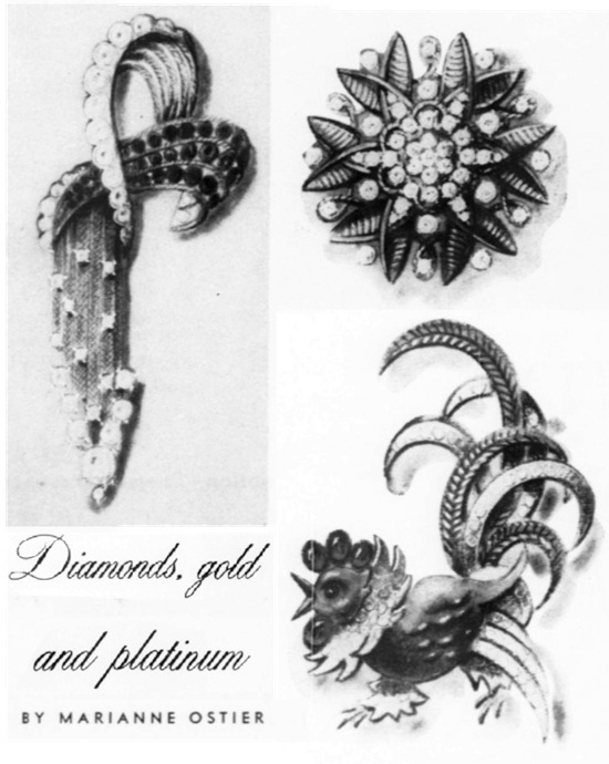 Brooches of gold, diamond and platinum, April 1961 ad