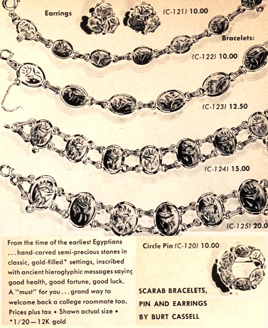 Burt Cassell Hand-carved semi-precious stones in classic gold-filled settings, scarab bracelets, pin and earrings, Mademoiselle, August 1961