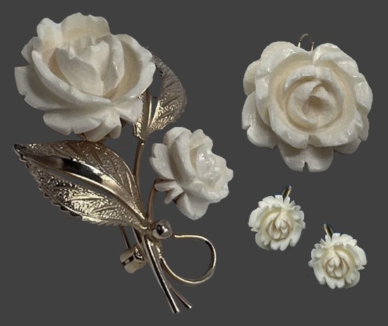 Burt Cassell Rose design carved bone gold filled necklace, earrings and brooch