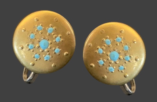 Button shape gold tone turquoise glass screw back earrings