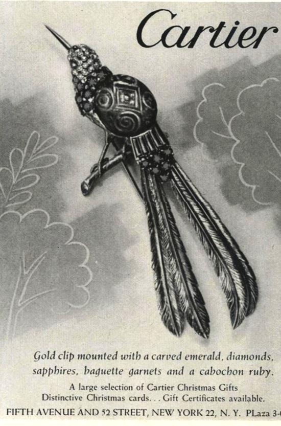 Cartier Bird gold clip with carved emerald, diamonds, Vogue December 1946 ad
