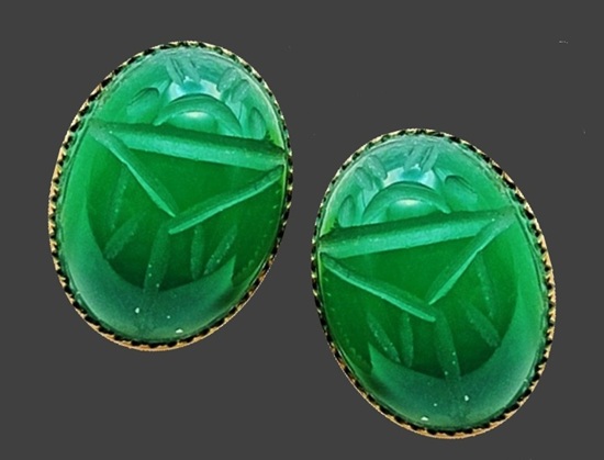 Carved jade gold plated screw back earrings