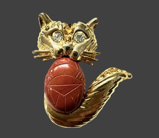 Cat Carnelian scarab belly gold tone rhinestone eyes brooch pin
