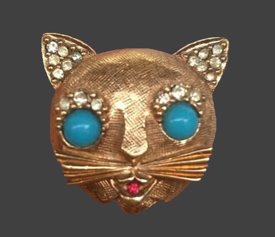 Cat's head gold tone blue glass rhinestone brooch